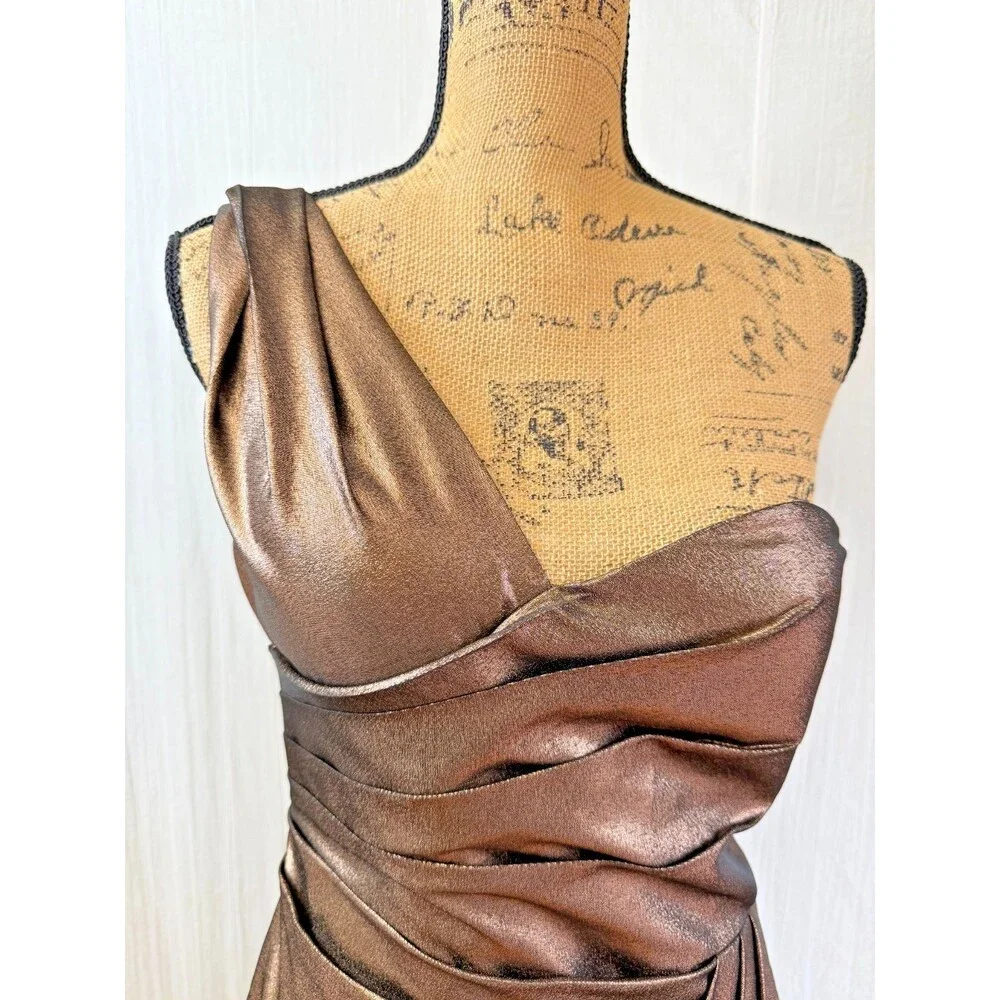 Robert Rodriguez One Shoulder Bronze Metallic Draped Cocktail Dress Size 6